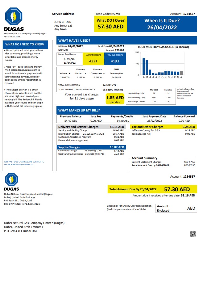 UAE Dubai Natural Gas Company Limited (Dugas) utility bill template in Word and PDF format